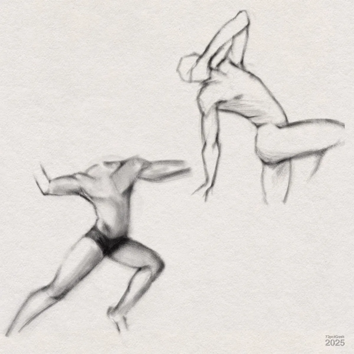 Digital graphite figure sketch of two dynamic human poses without heads. The left figure is in a crouched, energetic stance, with one knee bent and arms angled, wearing dark briefs. The right figure is shown from the side, leaning with one arm raised behind the head and one leg stretched out, emphasizing the body’s movement and musculature. The shading is soft, focusing on anatomy and gestural flow. 